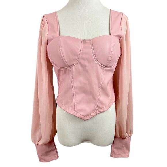 ASOS Parisian Bubblegum Pink Vegan Leather Bustier Sheer Sleeve Top 10 - Picture 1 of 11